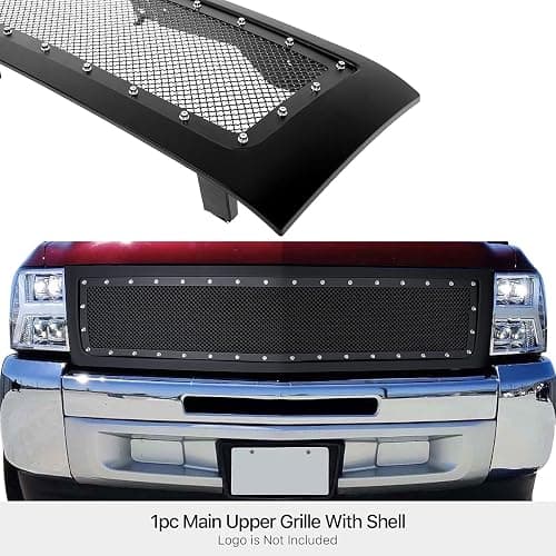 APS Premium Stainless Steel Black Rivet Stud Mesh Front Grille Grill with Shell Compatible with Chevy Silverado 1500 2007-2013 08 09 10 11 12 Main Upper N19-P6675LC thumbnail 3