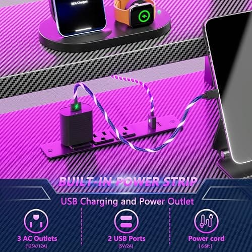 Korfile 40 Inch Gaming Desk with Power Outlet & LED Lights, L Shaped Computer Gaming Table with 3 Tiers Storage Shelves, Corner Gamer Desk with Monitor Stand for Small Space, Carbon Fiber Black thumbnail 6