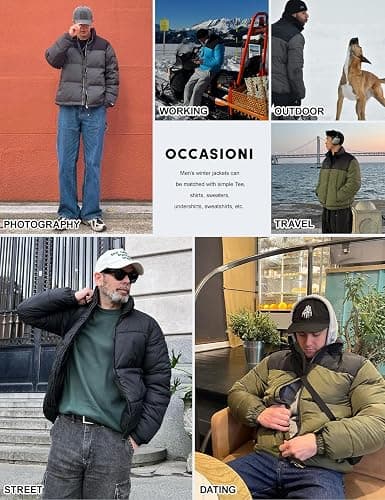 PEHMEA Men’s Puffer Jacket Stand Collar Zipper Coat with Pockets Retro Bubble Outwear for Winter thumbnail 7