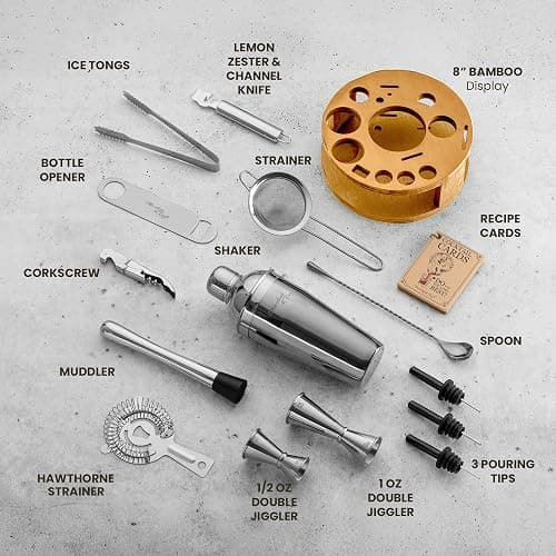 Mixology & Craft Bartender Kit – 15 Piece Cocktail Shaker Set with Bamboo Stand | Complete Cocktail Kit Gift Set | Top Bartender Gifts for Men & Women | Exclusive Recipe Cards (Silver) thumbnail 2