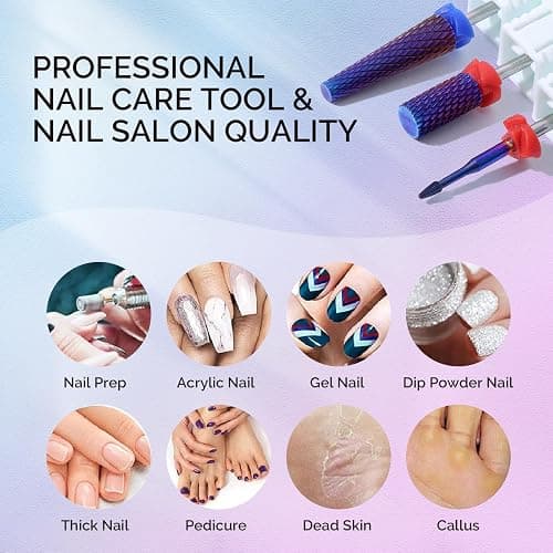 MelodySusie 3Pcs Nail Drill Bits Set, 3/32'' Carbide Tungsten Bits, Super Long 5 in 1, Flat Top Large Barrel and Cuticle Bits, Suitable for Manicure Pedicure Cuticle Gel Acrylic Remover, Purple thumbnail 5