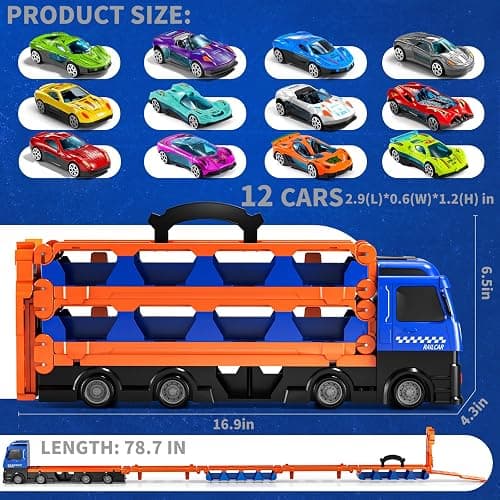 GYYCKTD Cars Truck Set Transport Toy for Kids, Race Track Set with 12 Die-Cast Cars, Trucks Playset, 2-Tier Launching Tracks, Carrier Toy for Boys Girls Birthday Gifts for Boys Ages 1-3 2-4 3-5 4-7 thumbnail 3
