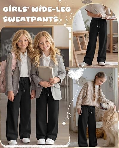 LessonZoo Teen Girls Sweatpants Wide Leg Drawstring Lounge Pants Straight Leg Athletic Trousers with Pockets Size 5-14 thumbnail 2