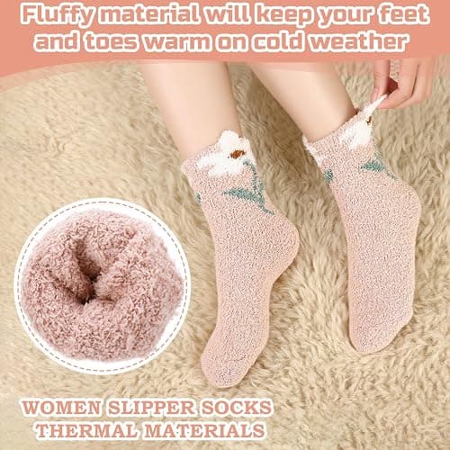 scenicamp 6 Pairs Floral Fuzzy Socks for Women Cute Cozy Plush Sleep Slipper Socks Warm Winter Sock for Christmas Birthday Gift thumbnail 5
