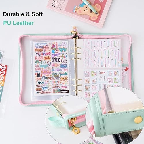 A5 Sticker Collection Organizer Binder kit large capacity (65 sheet), PU leather clear sticker storage book album with zipper closure,double-sided Collecting for journal scrapbook planner (Green) thumbnail 4