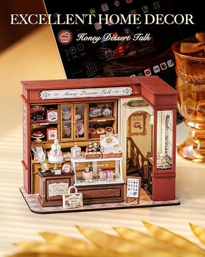 ROBOTIME DIY Miniature House Kit, Mini Wooden Dollhouse Kit for Adults, Building Kit with LED Light, Diorama Model,Halloween/Christmas/Birthday Gifts for Family/Friends (Honey Dessert Talk) thumbnail 8
