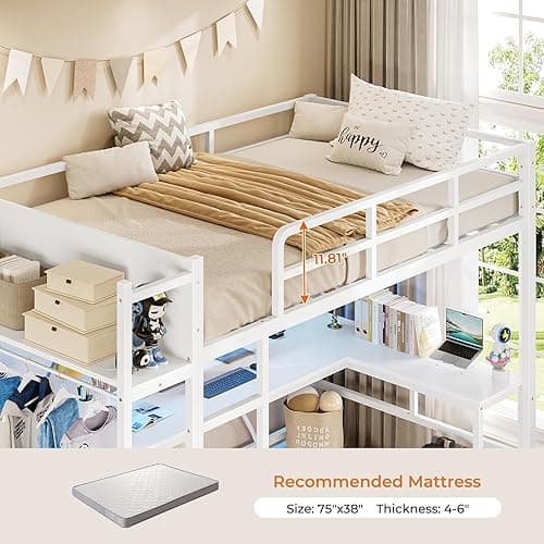 Itaar Twin Loft Bed with L-Shaped Desk, LED Lights and Charging Sation, Loft Bed Twin Size with 3-Tier Storage Shelves and Clothes Rail, Safety Guard & Ladder, No Box Spring Needed, White - White thumbnail 7