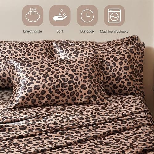 MR&HM Satin Bed Sheets with Elastic Corner Straps, Queen Size Sheets Set, 6 Pcs Silky Bedding Set with 15 Inches Deep Pocket for Mattress (Queen, Brown Leopard) thumbnail 7