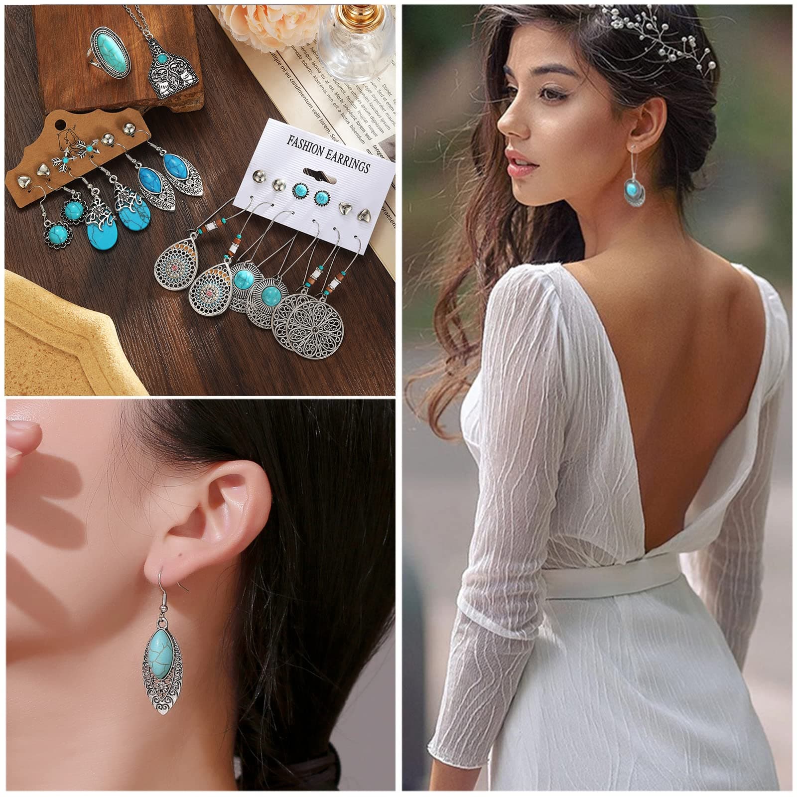 IFKM Bohemian Jewelry Set With Turquoise Necklace, Dangle Earrings, Stackable Bangle Bracelets, Knuckle Rings For Women Vintage Western Boho Turquoise Anniversary Birthday Friendship Gift thumbnail 6