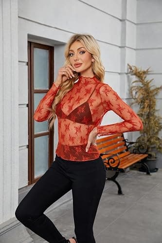 siliteelon Lace Tops for Women Mesh Long Sleeve Top Sheer Lace Shirt Floral Mock Neck Party Club Lace Undershirt thumbnail 3