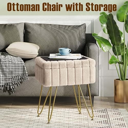 Greenstell Vanity Stool Chair Faux Fur with Storage, 19.4" H x 15.7" L x 11.8" W Soft Ottoman 4 Metal Legs with Anti-Slip Feet, Furry Padded Seat, Modern Multifunctional Chairs for Makeup, Bedroom thumbnail 5