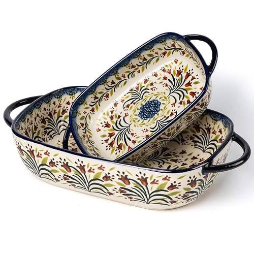 ONECCI Baking Dish Ceramic Baking Pan Blue Casserole Dish Rectangular Baking Set 2pcs Bakeware Sets Single Serving Size Lasagna Pan Baking Dishes for oven (The tulip) - Image 1