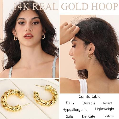9 Pairs Gold Hoop Earrings for Women, 14K Gold Plated Lightweight Chunky Twisted Hoop Earrings Set for Gift thumbnail 3
