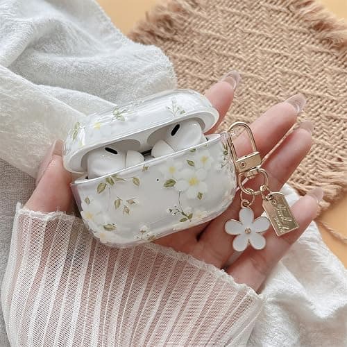 MINSCOSE Compatible with AirPods Pro 2nd/1st Generation Case Clear Case,Cute Pretty Flower Pattern Design with Floral Keychain, Soft TPU Protective Shockproof Cover for AirPods Pro/Pro 2-White Flower thumbnail 3