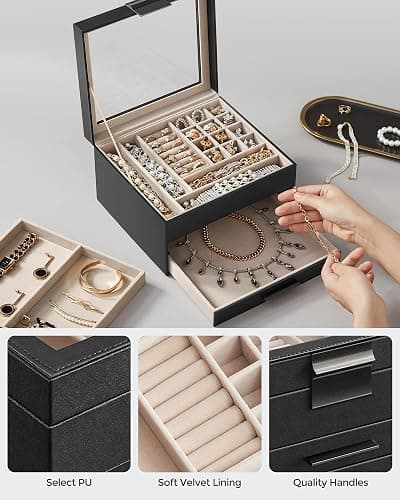 SONGMICS GISELLA Collection - Jewelry Box Organizer, 3-Layer Jewelry Storage with 2 Drawers, Shiny Metal Hardware, Glass Lid, Modern, 8 x 9.1 x 5.3 Inches, Ink Black and Silver UJBC239BK thumbnail 6
