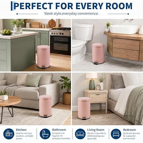 Garvee Bathroom Trash Can, 5L/1.3 gal Round Wastebasket with Soft-Close Lid | Step Foot Pedal, Removable Inner Bucket, Brushed Stainless Steel, for Office, Bedroom, Toilet, Live Room-Pink thumbnail 8