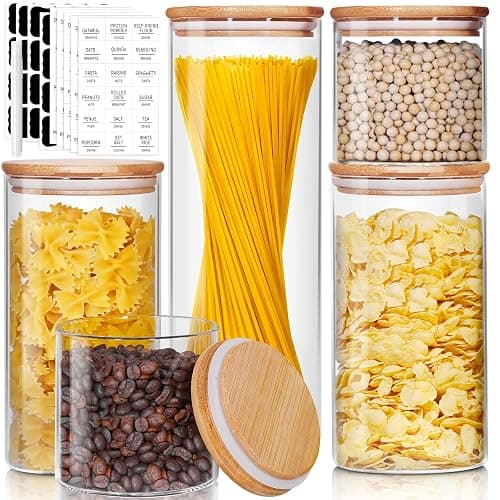 HomArtist Glass Jars with Bamboo Lids [Muti Size Set of 5], Glass Canisters with Airtight Lids, Glass Food Storage Containers for Pasta, Oats, Coffee, Flour, Sugar, Rice, Best for Kitchen & Pantry - Image 1
