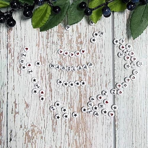 WangLaap 1450Pcs Letter Beads, Acrylic 4x7mm Round Alphabet A-Z and Red Heart Black Star Beads for Bracelets Necklaces DIY Jewelry Making (White) thumbnail 6