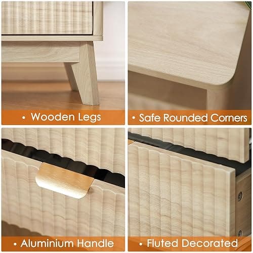 Fluted Nightstand with Charging Station, 19.7 inch Wide End Table with 2 Drawers, Modern Wood Bedside Table for Bedroom(Natural) thumbnail 5