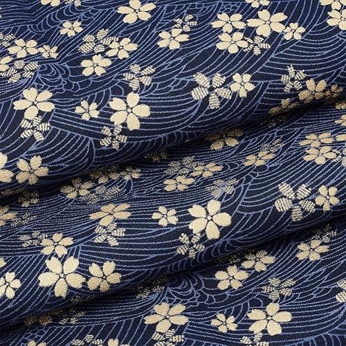 MAYJOYDIY 1 Yard 59 Inch Blue Japanese Cotton Fabric Sakura Quilting Bundles Gold Cherry Blossoms and Waves Print for Sewing Clothing Bag Tablecloth Sofa Pillow DIY Craft - Image 1