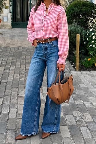 Cicy Bell Womens Plaid Shirts Ruffle Puff Long Sleeve V Neck Gingham Tops | Trendy Casual, Button Down, Work Casual, Checkered Blouses, Loose Fit thumbnail 6