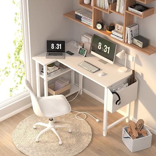 Lufeiya White L Shaped Computer Desk with Power Outlet Shelves, 40 Inch Small Reversible Corner Desk for Small Space Home Office, L-Shaped Desk PC Desks, White thumbnail 2