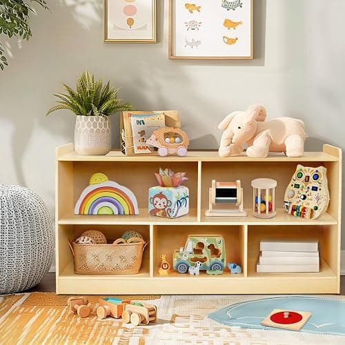PTINFLUCE Montessori Shelf, Wooden Toy Storage Organizer for Books Toys, 2 Shelf Bookcase, 5-Section Storage Cabinet, Toddler Book Shelf for Kids Rooms, Playroom, Nursery, Kindergarten (Natural) - Image 1