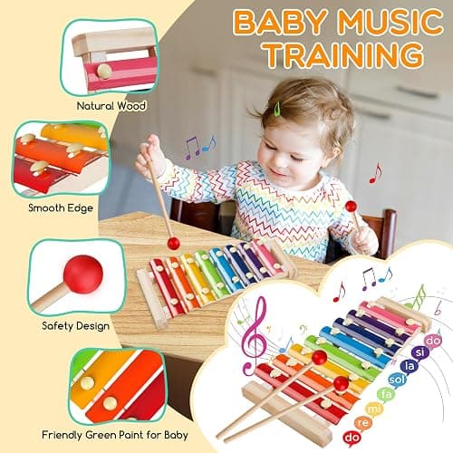 Wuzhineisn Montessori Baby Toy Sorting Stacking Learning Toys Wooden Building Blocks, Xylophone Musical, Infant Teethers Toys for Baby, 6 in 1 Toy Birthday Gifts for Toddlers thumbnail 3