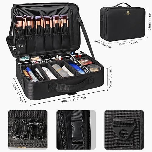 Relavel Makeup Case Large Makeup Bag Professional Train Case 16.5 inches Travel Cosmetic Organizer Brush Holder Waterproof Makeup Artist Storage Box, 3 Layer Large Capacity, with Adjustable Strap thumbnail 2