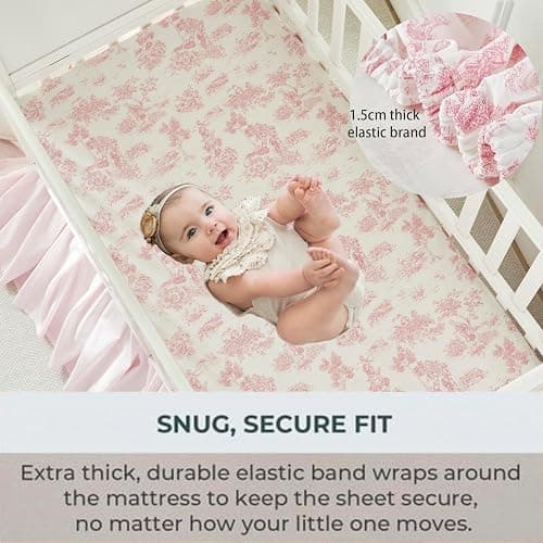 Brandream Baby Crib Sheets for Girls Boys, Fitted Crib Sheet for Standard Crib and Toddler Mattress, Super Soft 100% Cotton Baby Sheet French Country Pink Toile Floral Print, Crib/Toddler thumbnail 5