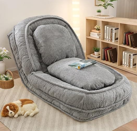 Upholstered Human Dog Bed for Adult & Pets, Convertible Lazy Sofa Bed with 5 Adjustable Position, Comfy Tatami Bean Bag Lounge Chair with 2 Soft Pillows for Bedroom Living Room Office (Gray) - Image 1