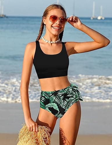 ADIRUN Girl Swimsuit Bikini Set Tropical Print Bathing Suit Two Piece Girls' Swimwear with Tie Side Knot 9-16T - Black - 9-10 Years thumbnail 2