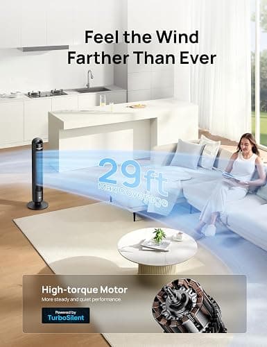 Dreo Tower Fan for Bedroom, 90° Oscillating Standing Fans for Room with 4 Speeds, 3 Modes, 28dB Quiet for Sleep, 25ft/s Velocity, 8H Timer, Remote, Living Room, Office, Home, Black, TF117 thumbnail 4