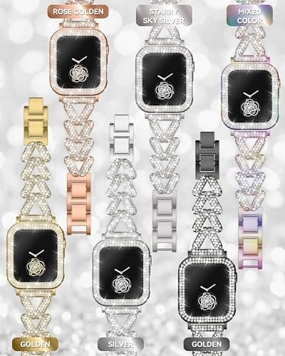 Rhinestones Encrusted Metal Bracelet and Case, Compatible with Apple Watch Bands 38mm-49mm (Series 10/1/SE/Ultra 2)- Bling Gold Women's Jewelry Strap, Luxury iWatch Bracelet with Screen Protector thumbnail 8