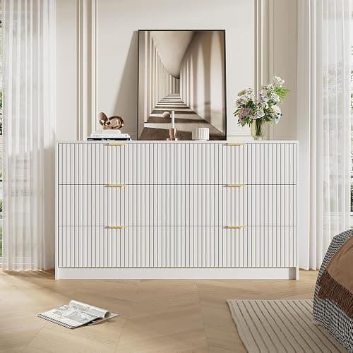 Furniway White Dresser for Bedroom, Modern Dresser with 6 Drawers and Smooth Slides, Wide Chest of Drawers with Golden Handles for Bedroom, Living Room, Closet, 15.7" D x 55.1" W x 31.4" H thumbnail 6