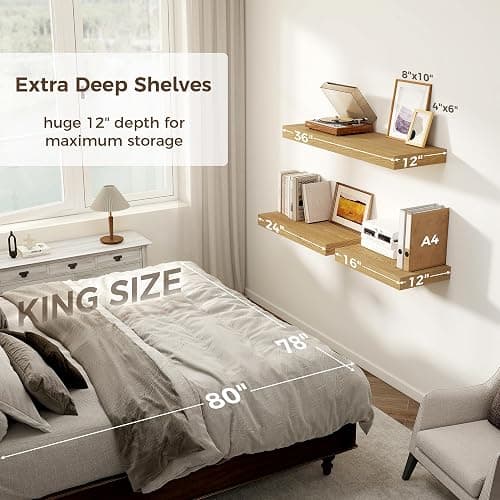 Floating Shelves 36 Inch Long, 12 Inch Deep Floating Shelves for Wall, 36 x 12 Shelves for Wall Storage & Display, 2" Thick Floating Shelf for Bathroom, Living Room, Bedroom, Oak Color, Set of 1 thumbnail 6