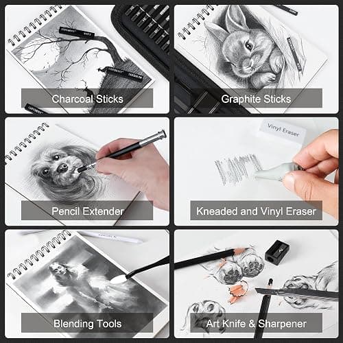 HIFORNY 42 PCS Drawing Set, Sketching Kit with Graphite & Charcoal Pencils, Blending Tools, Erasers & Accessories, Portable Zippered Travel Case for Artists & Beginners thumbnail 5