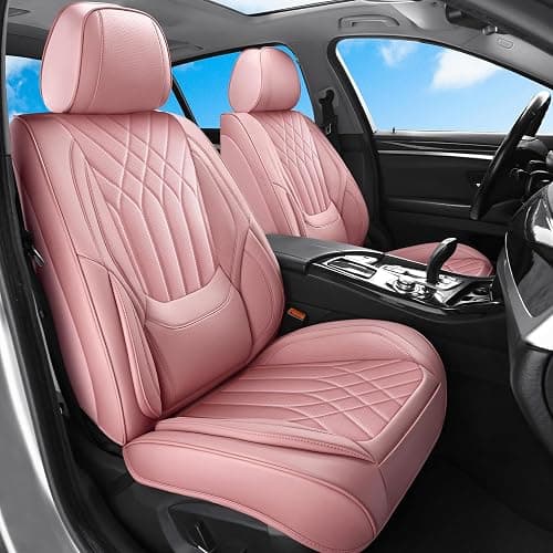 GEZHOUBA Pink Car Seat Covers Full Set, Full Coverage Luxury Leather Car Seat Protector Universal Fit for Most Cars SUVs Pick-up Trucks, Pink Seat Covers Car Interior Accessories for Women thumbnail 2