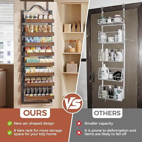 Freexployer 8-Tier Spice Rack Wall Mount, Heavy-Duty Over the Door Pantry Organizer with Wooden Adjustable Basket, 2 IN 1 Wall Mount or Hanging Pantry Door Organizer,Door Spice Rack for Pantry, Black thumbnail 8