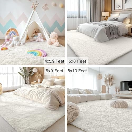 OLANLY Area Rugs for Living Room Bedroom, Machine Washable 4x5.9 ft Soft Fluffy Shaggy Bedside Rug, Indoor Floor Carpet for Kids Girls and Boys, Dorms, Nursery Rooms, Home Decor Aesthetic, Ivory thumbnail 5