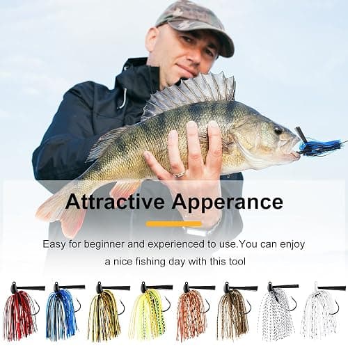 Sumind 8 Pcs Bass Fishing Jigs Bass Weedless Football Jig Metal Football Head Kit Swim Silicone Skirts Weed Guard Flipping Lures, Colorful, 10 G/ 3/8 oz thumbnail 5