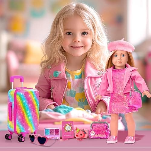 American 18 Inch Doll Clothes Accessories-18 inch Doll Suitcase-Glasses,Beret,Shoes,Handbag,Camera, Passport,Mobile Phone Travel Set Toys for 3-12 Girls thumbnail 6