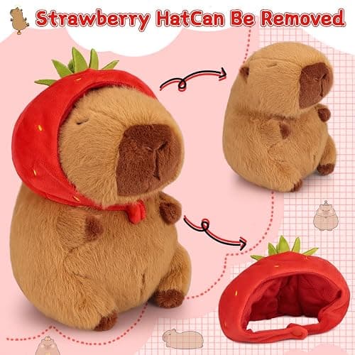 Emoin Capybara Plush Toy with Strawberry Hat 9.8 Inch Kawaii Soft Strawberry Capybara Stuffed Animals Hugging Capibara Baby Girls Gifts thumbnail 2