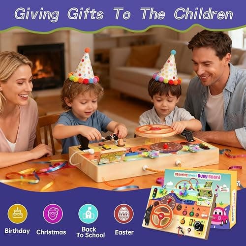 flycoost Busy Board Montessori Toys for Toddlers 1-3 with Steering Wheel | Wooden Lights Driving Activity Board Sensory Montessori Busy Board for 1+ Year Old, Toddler Learning & Travel Toy thumbnail 5
