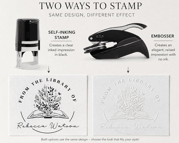 Pickled Stamps from The Library of | Ex Libris | Floral Book Stamp | Personalized Book Embosser | Custom Library Embosser | Self-Inking Wood Handle Floral 2 thumbnail 2