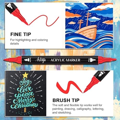 Artugn 24 Colors Acrylic Paint Pens, Dual Tip Pens With Fine Tip and Brush Tip for Rock Painting, Ceramic, Wood, Plastic, Calligraphy, Scrapbooking, Brush Lettering, Card Making, DIY Crafts thumbnail 4