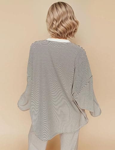 MISSACTIVER Women's 2 Piece Striped Lounge Set Long Sleeve Oversized T-Shirt Wide Leg Pants Matching Pajamas Set thumbnail 6