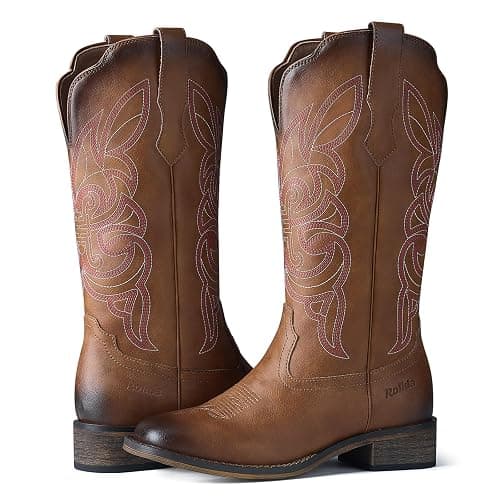 Rollda Cowgirl Boots Cowboy Boots for Women Square Toe Mid Calf Western Boots Ladies Fashion Boots with Chunky Heel thumbnail 5