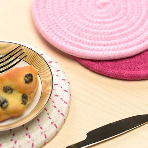 Kitchen Potholders Set Trivets Set 100% Pure Cotton Thread Weave Hot Pot Holders Set (Set of 3) Stylish Coasters, Hot Pads, Hot Mats, Spoon Rest For Cooking and Baking by Diameter 7 Inches (Pink) thumbnail 2