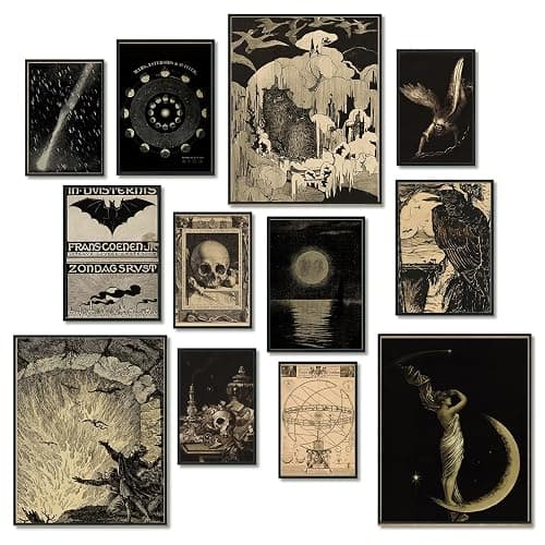 KINYEYE 12PCS Gothic Moody Bedroom Eclectic Posters, Dark Academia Wall Posters for Dorm Decor, Grunge Room Decor | Unframed - Black and Yellow - Image 1